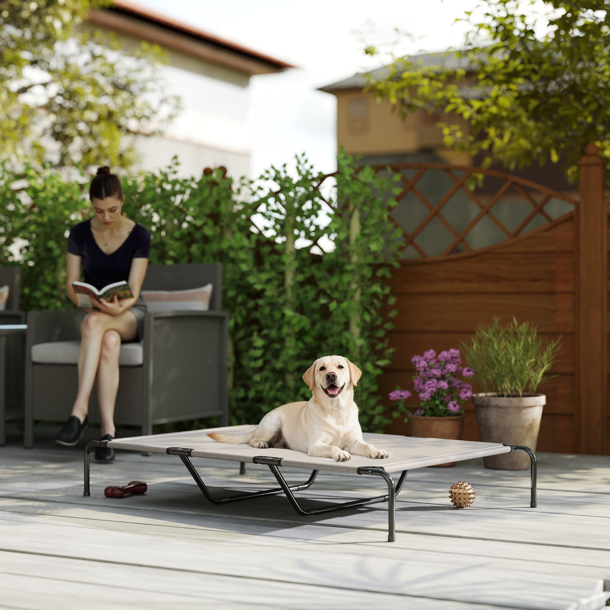 Elevated Dog Bed for Large Breeds 60"L Raised Cooling Pet Cot with Breathable Teslin Mesh 149 lbs Capacity Indoor Outdoor Dog Bed Beige