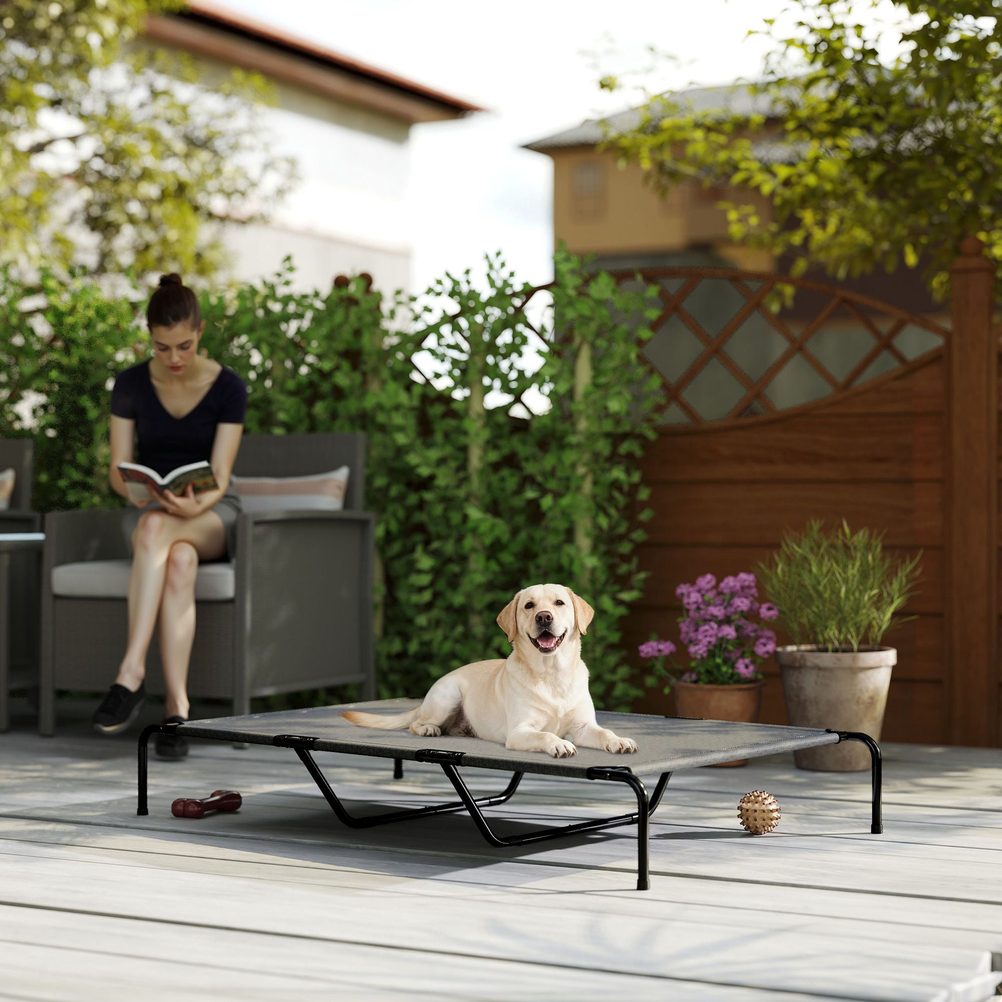 Elevated Dog Bed for Large Breeds 60" Raised Pet Cot with Breathable Teslin Mesh 149 LBS Capacity Indoor Outdoor Cooling Dog Bed Gray