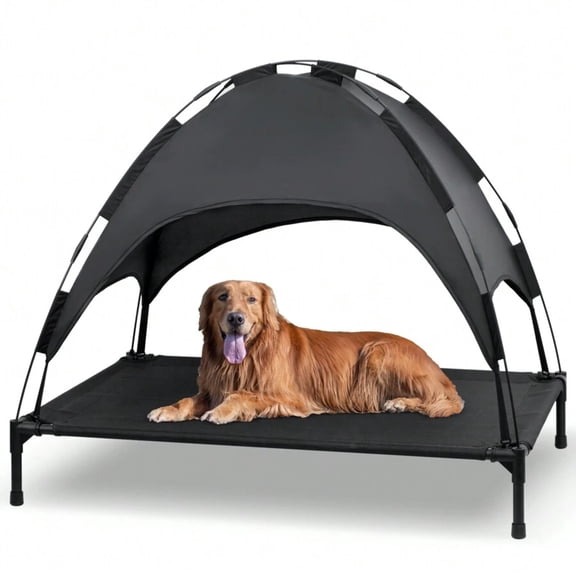Elevated Dog Bed with Canopy, Outdoor Portable Pet Cot, Removable Canopy Shade, Cooling & Breathable Raised Pet Bed