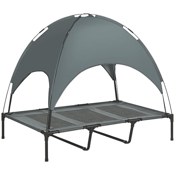 Elevated Dog Bed with Canopy for Outdoor Use, Portable Pet Cot with UV Protection Shade, 48 inch Gray Metal Frame