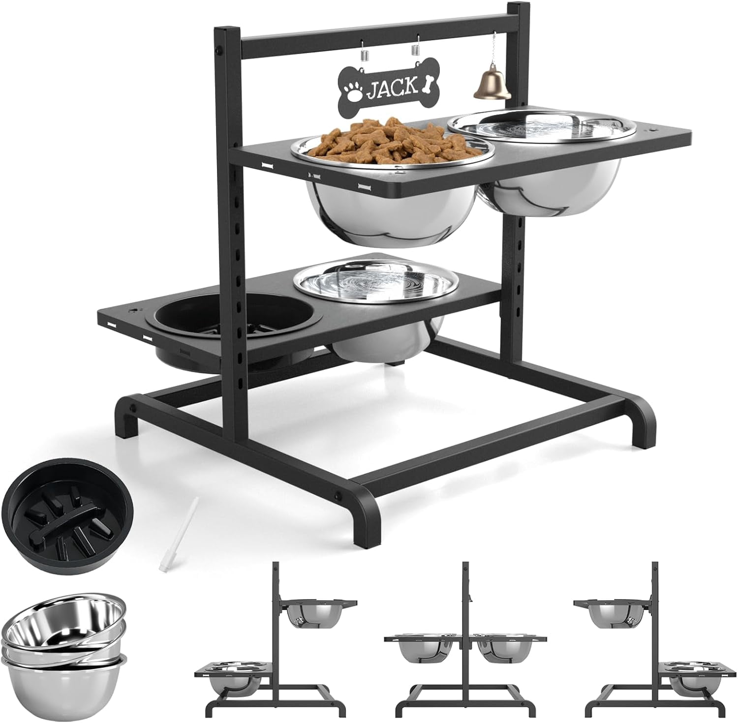 Elevated Dog Bowl Stand with 4 Stainless Steel Bowls (58oz) & 1 Slow Feeder, 9 Height Adjustable Raised Dog Bowl from 4.9" to 14.5" for Large Dogs & Multi-Pet Homes