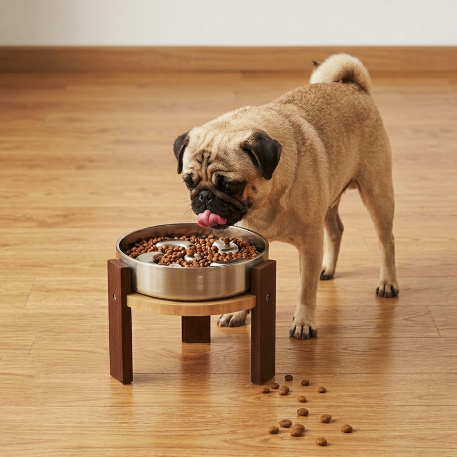 Elevated Dog Bowl Stand, 6'' Height Raised Stand for Medium&Small Dogs, Includes 2Cups Stainless Steel Slow Feeder Dog Bowl, Durable Solid Hardwood
