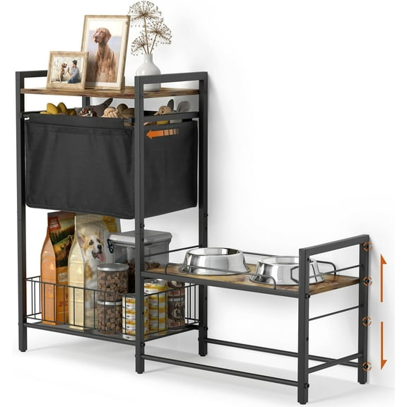 Elevated Dog Bowl Stand with Toy Bin Basket, 4 Height Adjustable Raised Feeding Station Cabinet, Lifted Food and Water Bowl Holder, Pet Storage Organizer for Large Medium Small Dogs