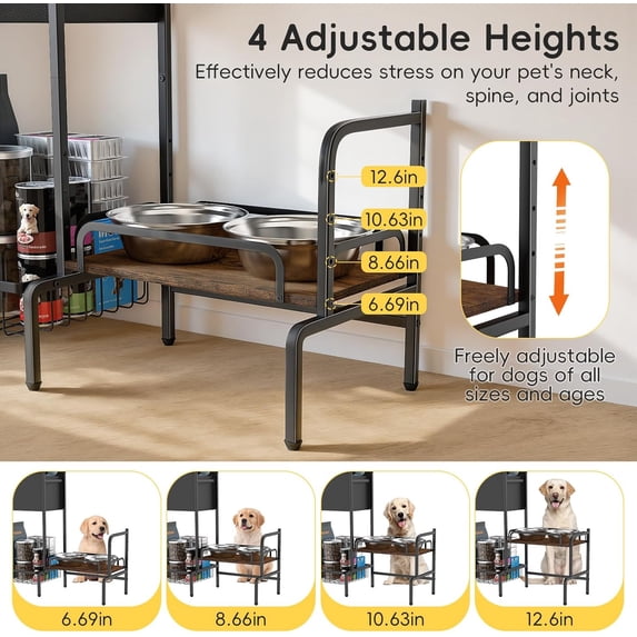 Elevated Dog Bowl Stand with Storage Organizer, Adjustable Raised Pet Feeding Station for Large Medium Small Breed