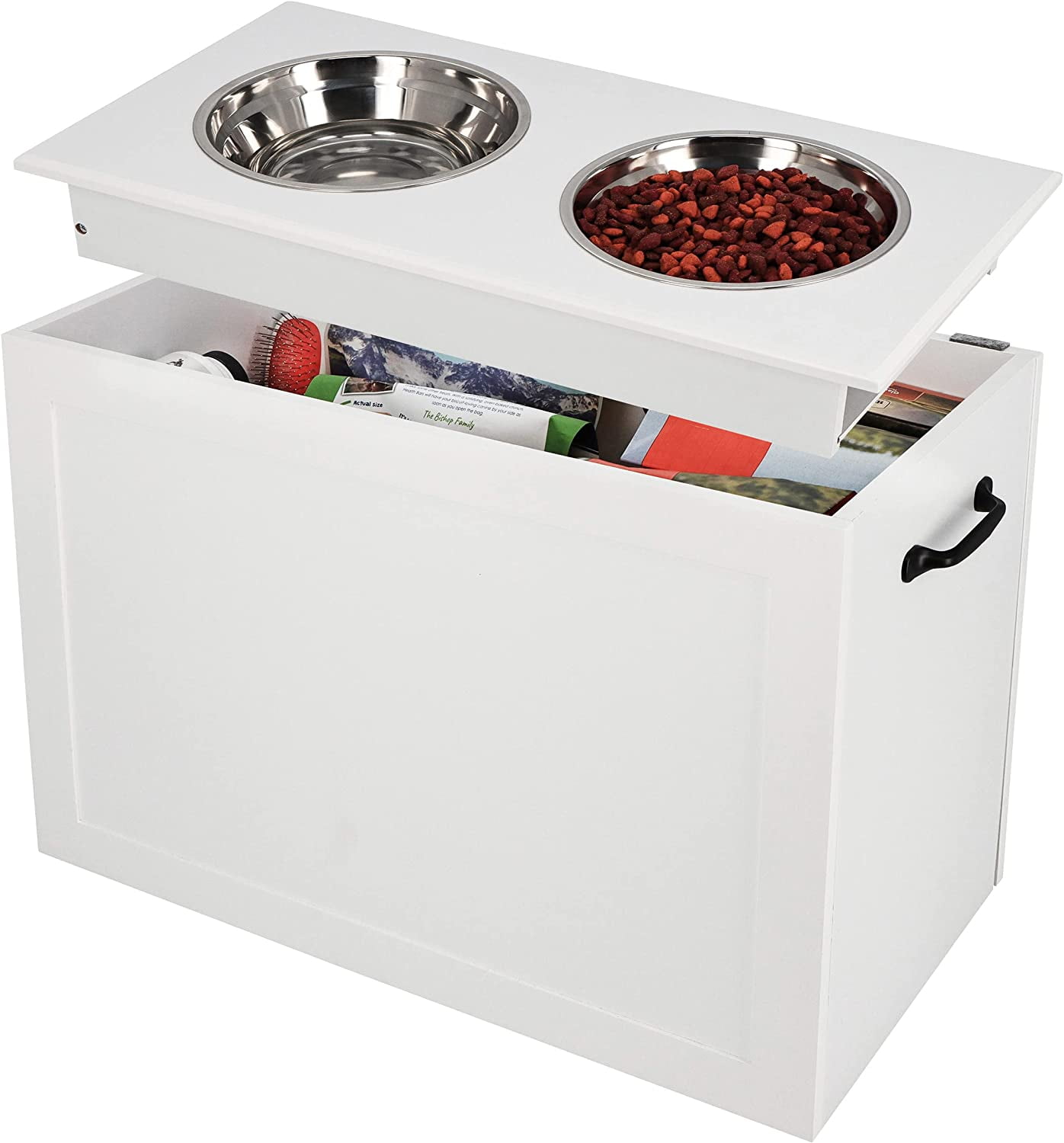 Elevated Dog Bowl With Storage, White Tall Feeder Raised Dog Bowl