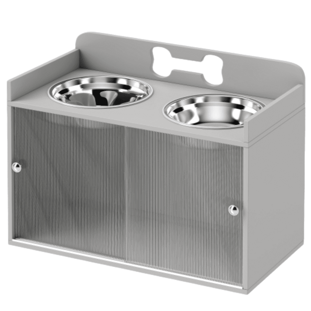 Elevated Dog Bowls with 2 Stainless Steel Bowls, 23.6" Large Breed Raised Dog Feeder Stand with Storage Cabinet, Slow Feeder & Water Bowl Included, Gray