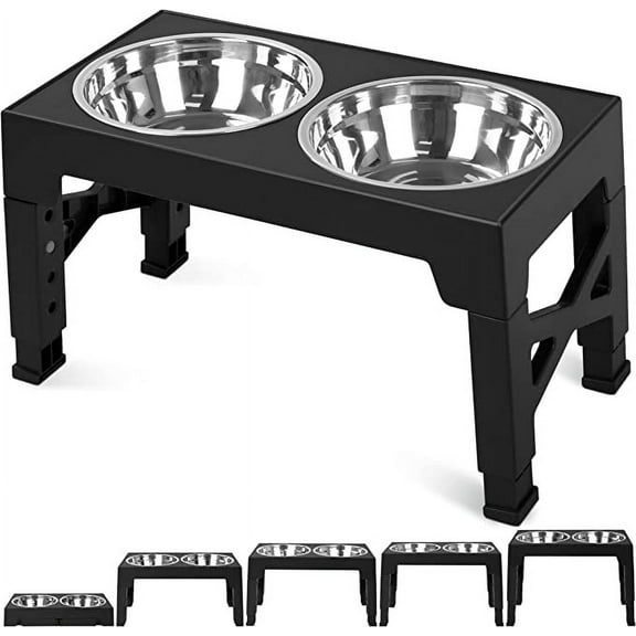 Elevated Dog Bowls with 2 Stainless Steel Dog Food Bowls, Raised Dog Bowl Adjusts to 5 Heights (3.2", 8.7", 9.8",11.02", 12.2") for Small Medium and Large Dogs, Black