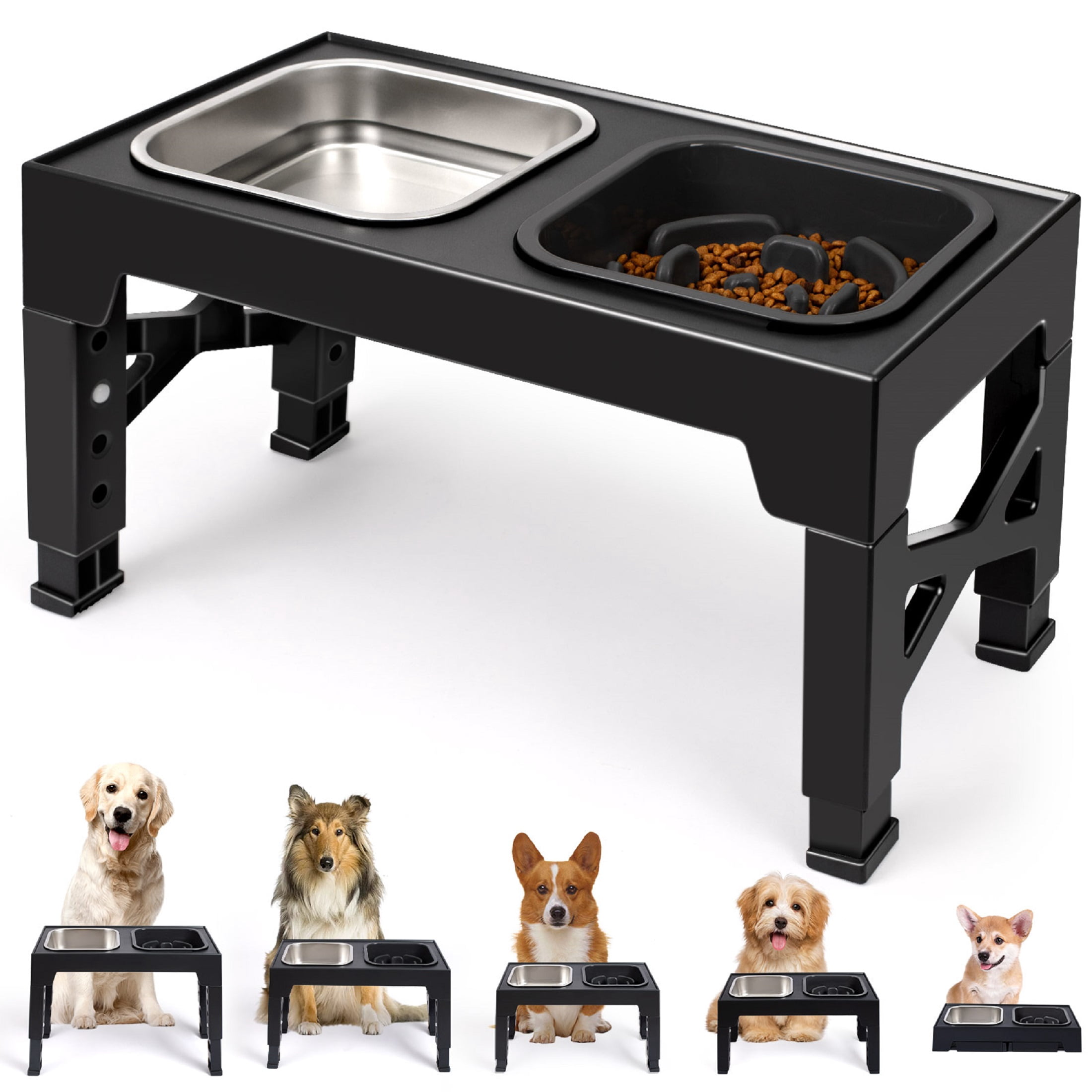 Elevated Dog Bowls, 2 Stainless Steel Dog Food Bowls, Raised Dog Bowl Adjusts to 5 Heights for Small Medium and Large Dogs,Black