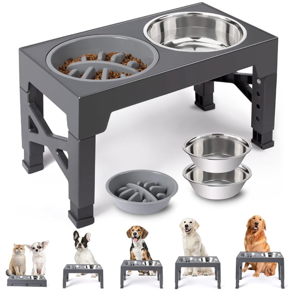 Elevated Dog Bowls, 2 Stainless Steel Dog Food Bowls, Raised Dog Bowl Adjusts to 5 Heights for Small Medium and Large Dogs,Gray