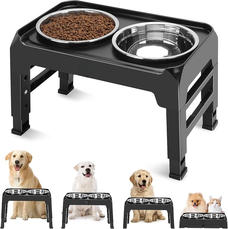 Elevated Dog Bowls, 4 Height Adjustable Raised Bowl Stand with 2 Thick 50oz Stainless Steel Food Bowls Non-Slip Feeder Adjusts to 3.7'', 9.2'', 10.75'', 12.36'' Black, (DB-W01)