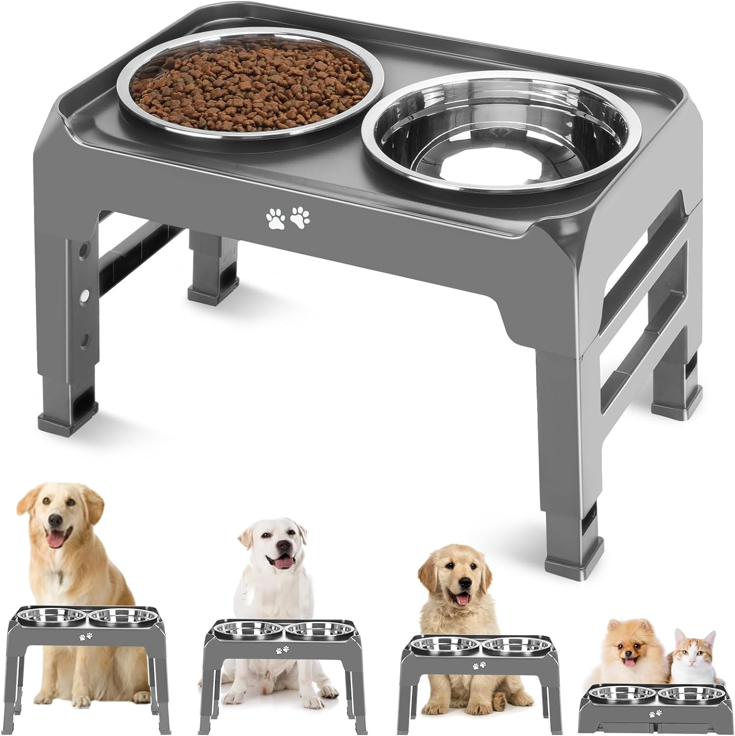 Elevated Dog Bowls 4 Height Adjustable Raised Dog Bowl Stand with 2 Thick 50oz Stainless Steel Dog Food Bowls Non Slip Dog Feeder for Large Medium Dogs Adjusts to 3.7