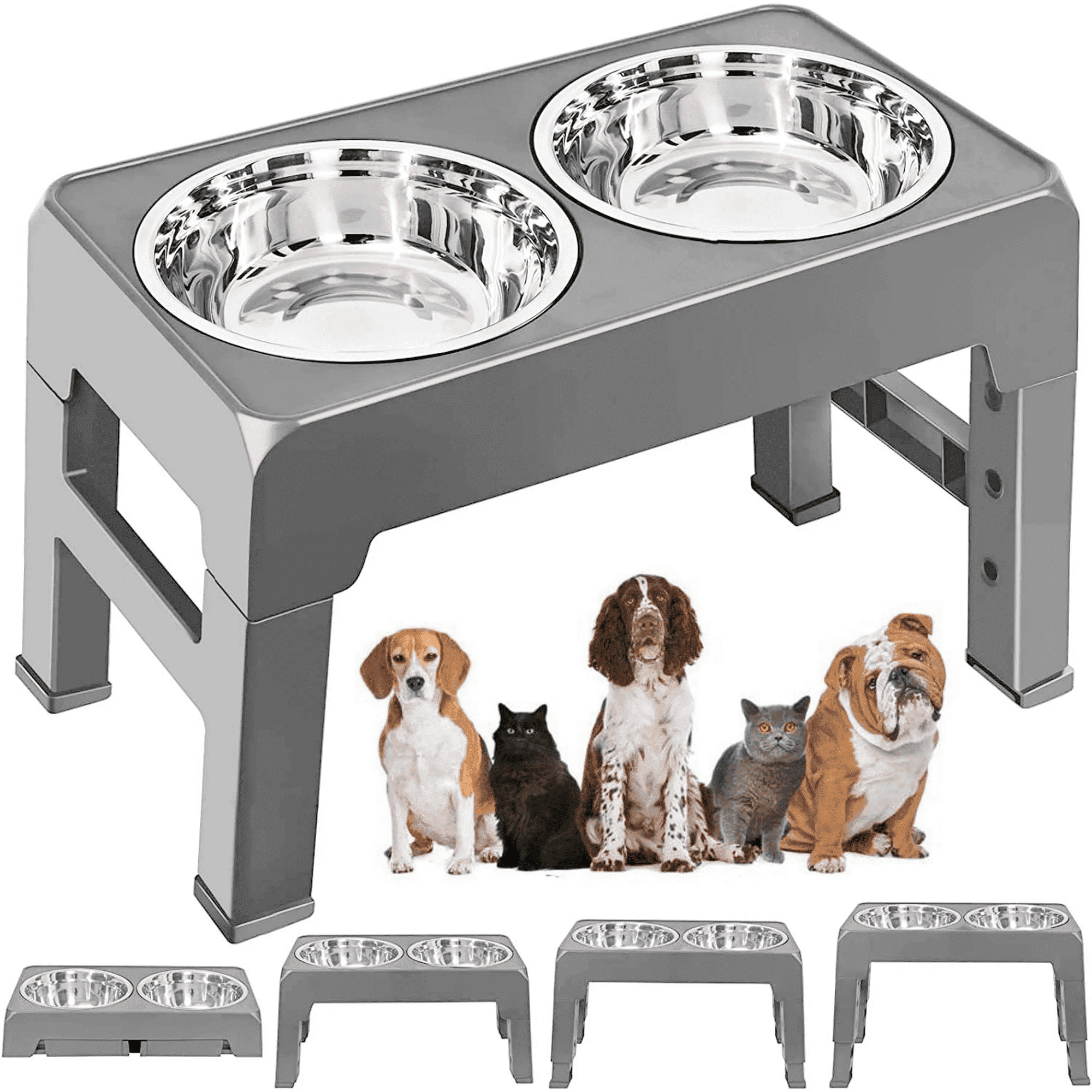 Asunby Adjustable Elevated Pet Bowls - 4-Height Raised Stand with Twin 50oz Stainless Steel Bowls, Non-Slip, Fits Small, Large Pets (3.2” to 11.8”)