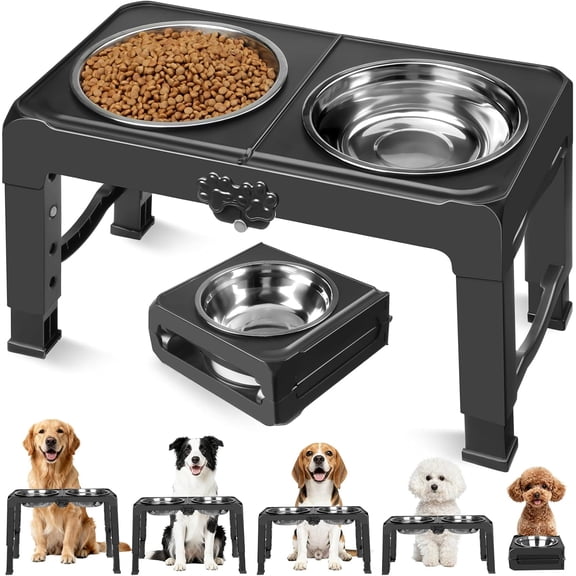 Elevated Dog Bowls, 5 Adjustable Heights (3.9"-13.4") Raised Dogs Food Bowl Stand for Medium Large Sized Dogs, Non-Slip Foldable Travel Pet Feeder Black with Stainless Steel Bowls