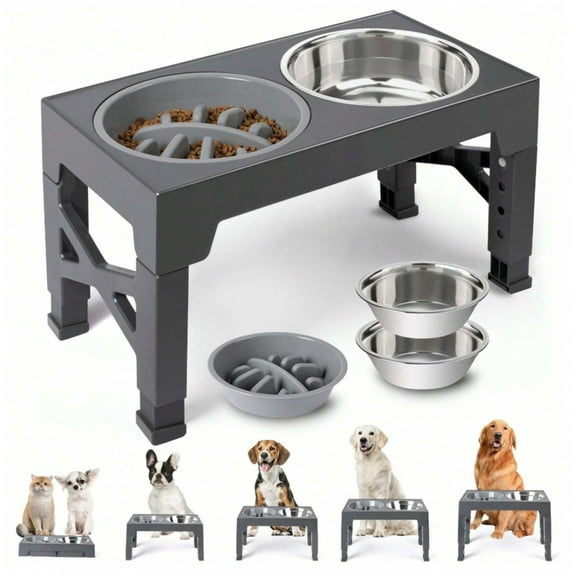 Elevated Dog Bowls, 5 Adjustable Heights Raised Dog Bowl Stand, With 2 Stainless Steel Dog Food Bowls And 1 Slow Feeder Dog Bowl, Adjusts To Height 3.2" To 12.2" For Small Medium Large Dogs，Grey
