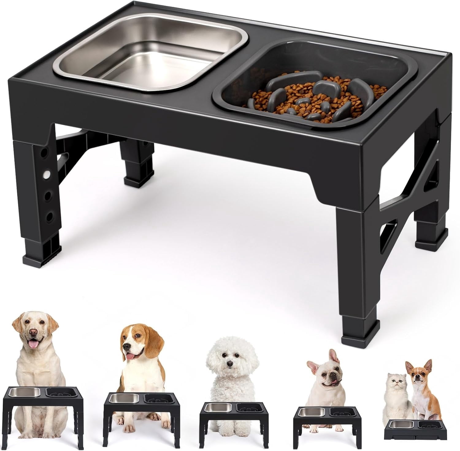 Elevated Dog Bowls, 5 Adjustable Heights Raised Dog Bowl Stand, with 2 Stainless Steel Dog Food Bowls and 1 Slow Feeder Dog Bowl