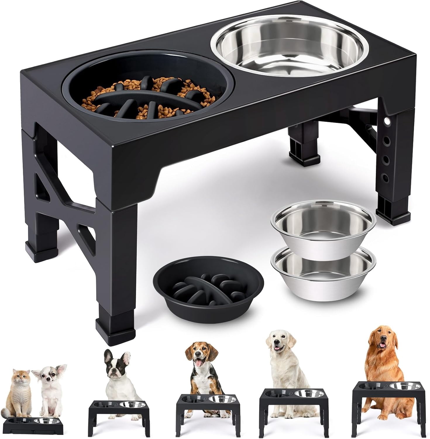 Elevated Dog Bowls, 5 Adjustable Heights Raised Dog Bowl Stand, with 2 Stainless Steel Dog Food Bowls and 1 Slow Feeder Dog Bowl