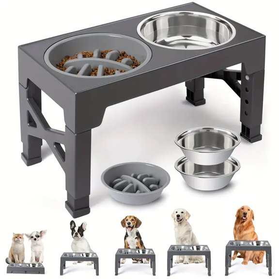 Elevated Dog Bowls with 5 Adjustable Heights, Stainless Steel Raised Pet Feeder, Anti-Vomiting Tilted Stand for Small Medium Large Dogs Cats, Easy Assembly No Tools