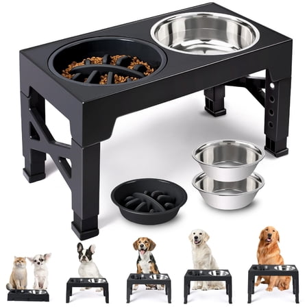 Elevated Dog Bowls - 5 Adjustable Heights Stand, 2 Stainless Steel Bowls & 1 Slow Feeder, 3.2" to 12.2" for Small to Large Dogs, Black