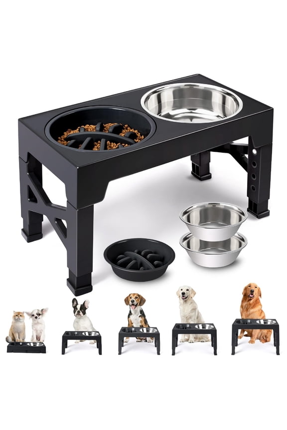 Elevated Dog Bowls - 5 Adjustable Heights Stand, 2 Stainless Steel Bowls & 1 Slow Feeder, 3.2" to 12.2" for Small to Large Dogs, Black