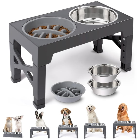Elevated Dog Bowls - 5 Adjustable Heights Stand, 2 Stainless Steel Bowls & 1 Slow Feeder, 3.2" to 12.2" for Small to Large Dogs, Gray