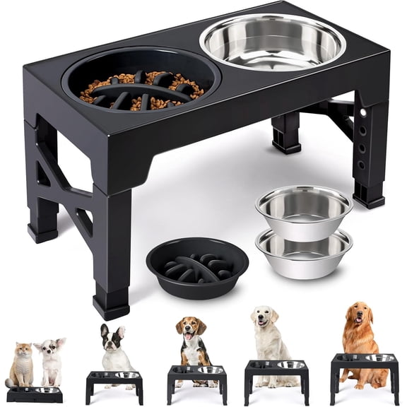Elevated Dog Bowls - 5 Adjustable Heights Stand, 2 Stainless Steel Bowls & 1 Slow Feeder, 3.2" to 12.2" for Small to Large Dogs