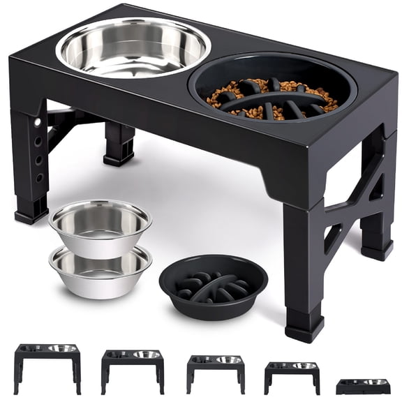 Elevated Dog Bowls - 5 Adjustable Heights Stand, 2 Stainless Steel Bowls & 1 Slow Feeder, for Small to Large Dogs, Black