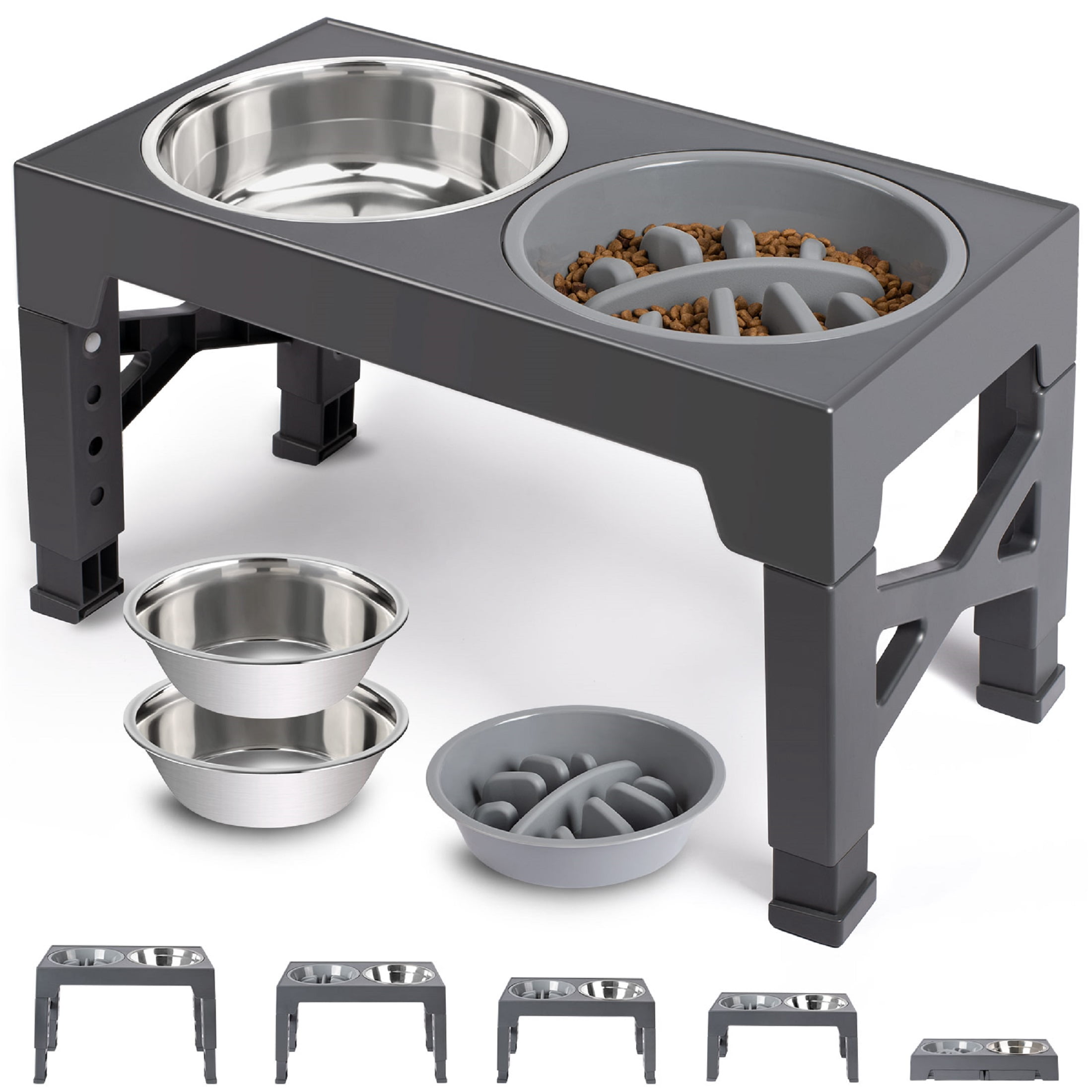 Elevated Dog Bowls - 5 Adjustable Heights Stand, 2 Stainless Steel Bowls & 1 Slow Feeder, for Small to Large Dogs, Gray