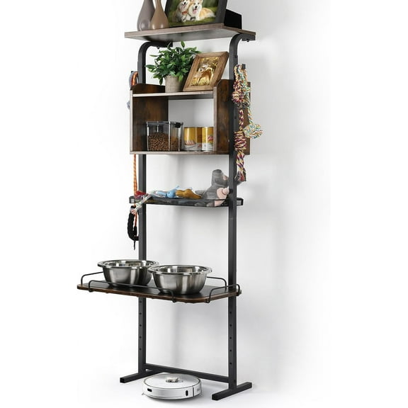 Elevated Dog Bowls - 7 Adjustable Raised Bowl Stand With Large Storage Organizer for Accessories, Feeder Station for XLarge, Large, Medium, Small Dogs, Cats, Pets (Rustic Brown Wood)