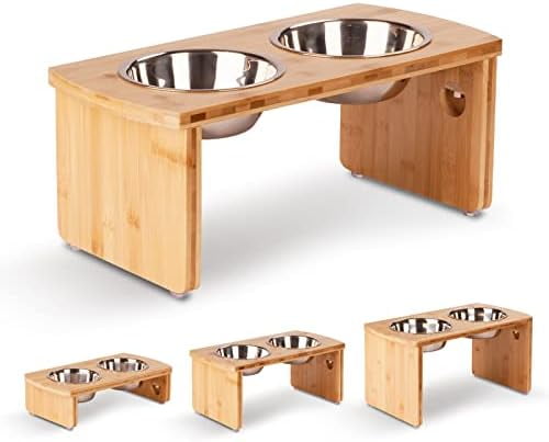 Elevated Dog Bowls, Bamboo Raised Dog Bowl for Medium Dogs, with 2 Stainless Steel Bowls (7'' Tall-40 oz Bowl, Natural)