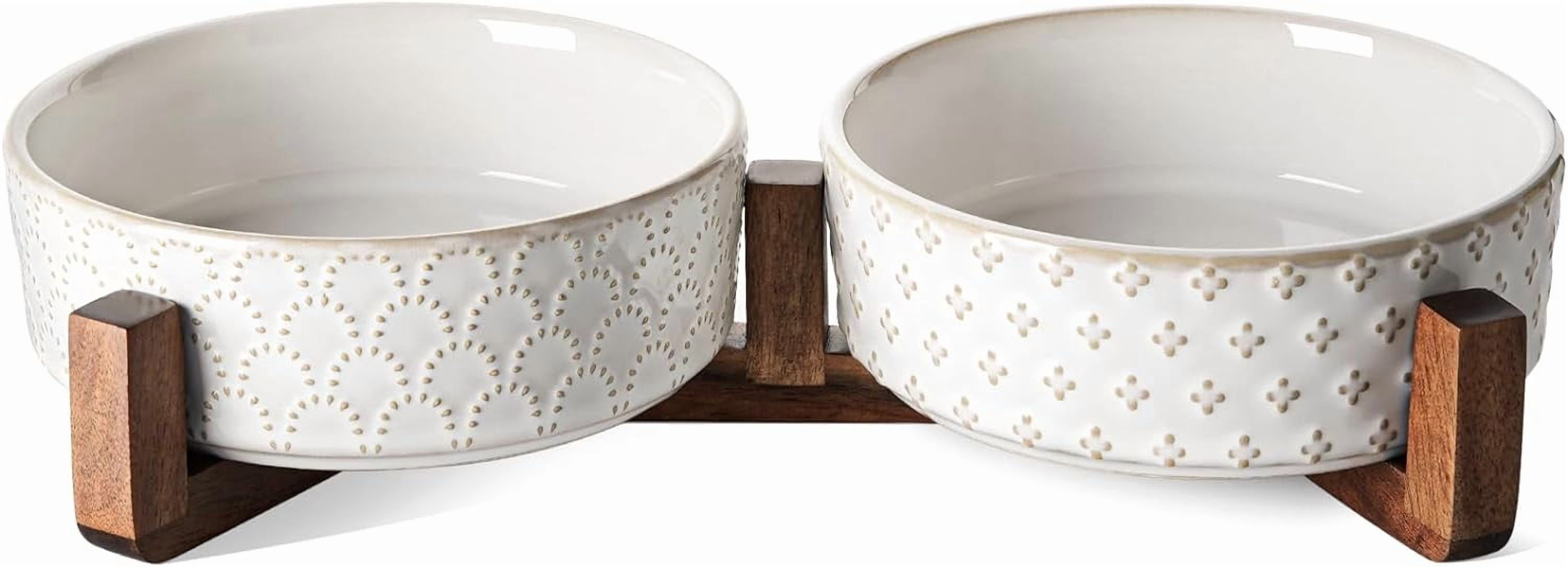 Elevated Dog Bowls Ceramic Set with Acacia Wood Stand - 3-Cup Dual Food & Water Dish for Small Medium Dogs, Anti-Tip Non-Slip Design