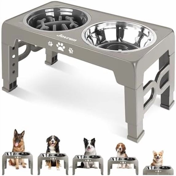 Elevated Dog Bowls, Dog Feeder with Stainless Steel Dishes & Slow Feeder Bowl, 5 Heights Adjustable Raised Stand for Medium Large, Food Dishes with Non-Slip Feet