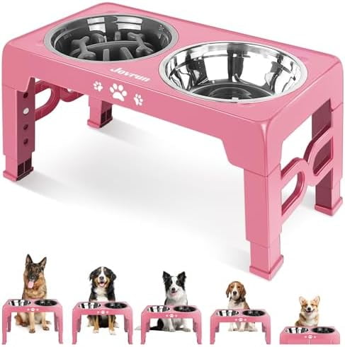 Elevated Dog Bowls, Dog Feeder with Stainless Steel Dishes & Slow Feeder Bowl, 5 Heights Adjustable Raised Stand for Medium Large, Food Dishes with Non-Slip Feet