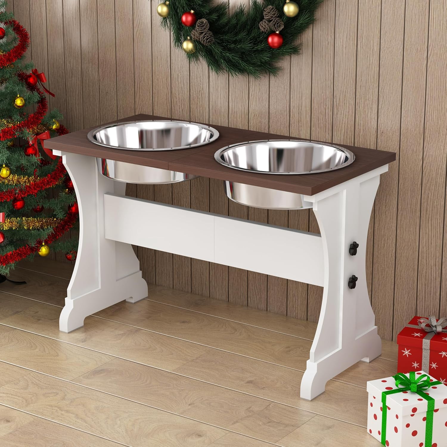 Elevated Dog Bowls,Farmhouse Dog Bowls Stand, Raised Dog Bowl with 2 Stainless Steel Wooden Dog Bowl 12 Cups 15.7''H 90 OZ Bowl-Farmhouse Style