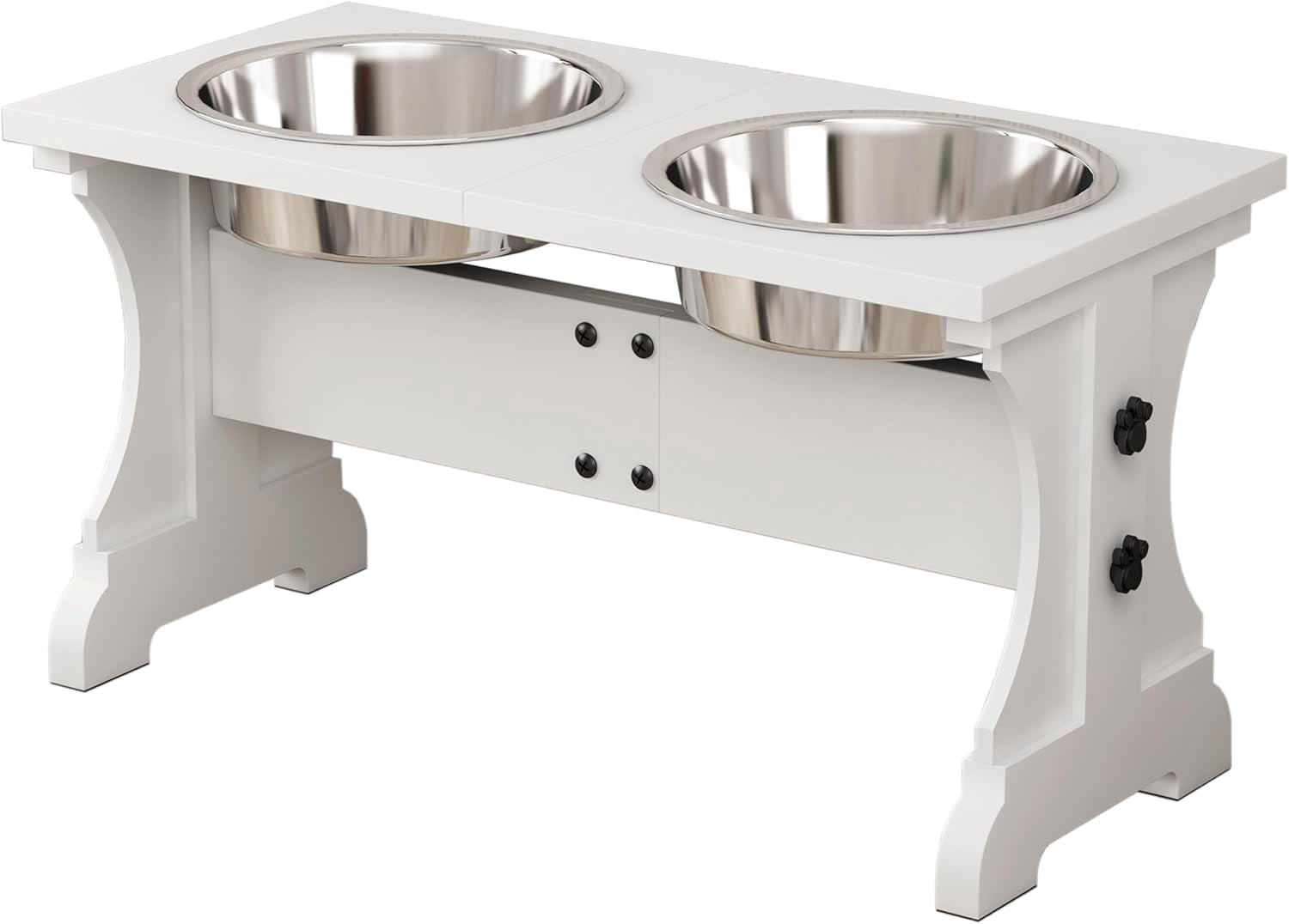 Elevated Dog Bowls,Farmhouse Dog Bowls Stand, Raised Dog Bowl with 2 Stainless Steel Wooden Dog Bowls,7 Cups 11''H_55 oz Bowl-White