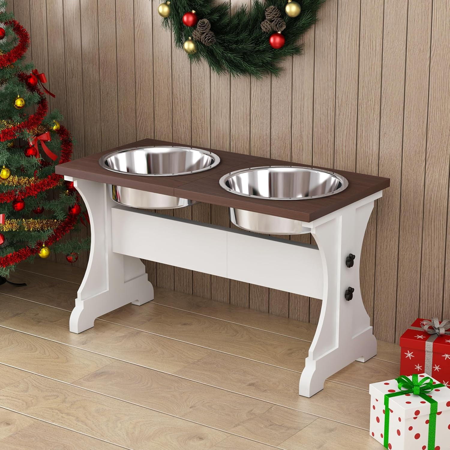 Elevated Dog Bowls,Farmhouse Dog Bowls Stand, Raised Dog Bowl with 2 Stainless Steel Wooden Dogs Bowls 9 Cups 13.8''H_80 oz Bowl-Farmhouse Style