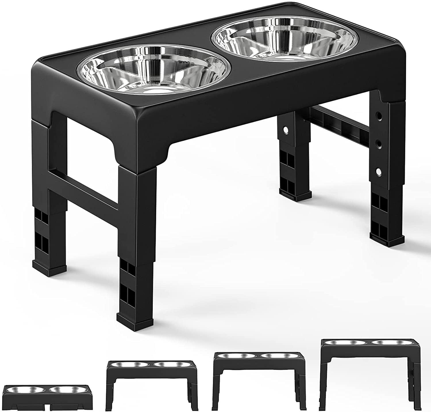 Elevated Dog Bowls with 4 Height Adjustable Dog Bowl Stand and 2 Stainless Steel Bowls, No Spill Raised Pet Feeder Bowlsfor Dogs and Pets