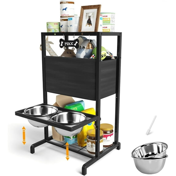 Elevated Dog Bowls, Height Adjustable Raised Dog Bowl Stand (3.5'' to 11''), Multifunctional Lifted Bowl Holder with Pet Food Organizer for Large Medium Small Dogs, Black