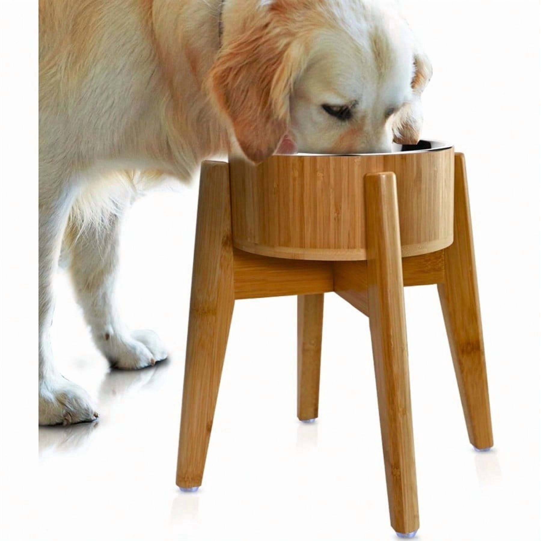 Elevated Dog Bowls For Large Breed 15Inch Tall 74oz Cap Deter Ants And Bugs Raised Single Feeder Suitable For Dry And Wet Pet Foods Bamboo With Stainless Steel Dish