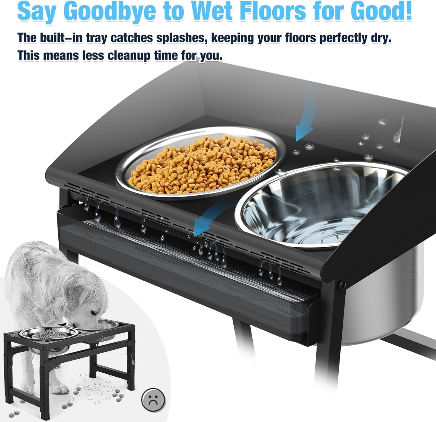 Elevated Dog Bowls for Large Dogs, 15 Inch Raised Stand with Stainless Steel Bowls, Spill Resistant Design, Easy to Clean, Great for Indoor Outdoor Feeding, Improves Posture