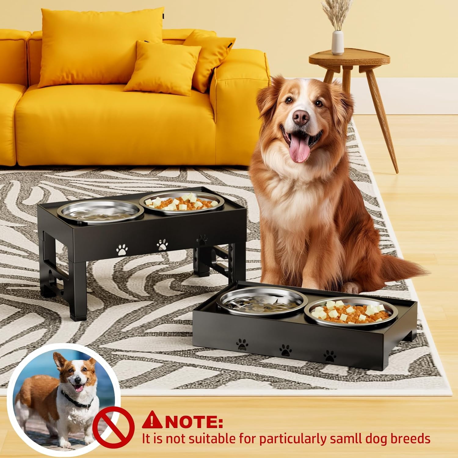 Elevated Dog Bowls with Mat, Raised Dog Food Bowl Stand with 2 Stainless Steel Bowls, 5 Height Adjustable (3.1", 9", 10", 11", 12") Non-Slip Feeder Set for Medium and Large Dogs – Black