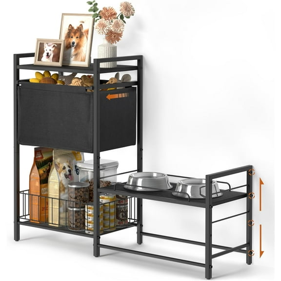 Elevated Dog Bowls, Raised Dog Bowl Stand with Dog Toy Bin Basket Dog Food and Water Bowl Feeding Station, Lifted Dog Bowl Holder Cabinet with Pet Storage Organizer for Large Medium Small Dogs