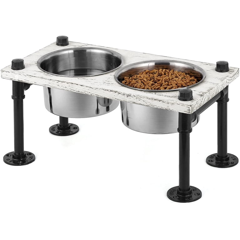 Elevated Dog Bowls- Raised Dog Bowls with Double Dog Bowls, Dog Bowl Stand  with Rustic Wood Panel and Industrial Pipeline Base - 7.87"(H)