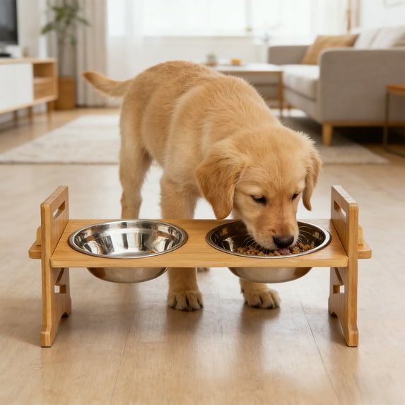 Elevated Dog Bowls, Raised Pet Feeder Stand with Tilted Stainless Steel Bowls, Non Slip Wooden Dog Food Station for Small Dogs and Cats