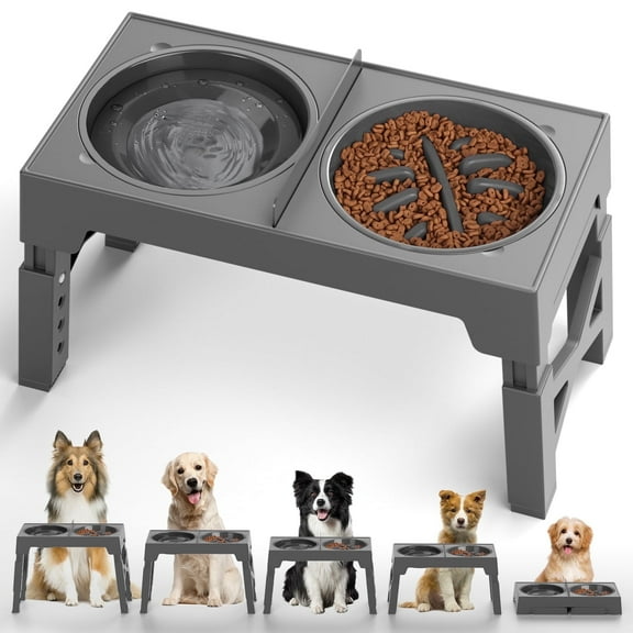 Elevated Dog Bowls, Raised Slow Feeder Dog Bowls with No Spill Dog Water Bowl Dispenser, 5 Heights Adjustable Raised Dog Bowls Stand for Small Medium Large Dogs Cats & Pets, Non-Slip Dog Feeder