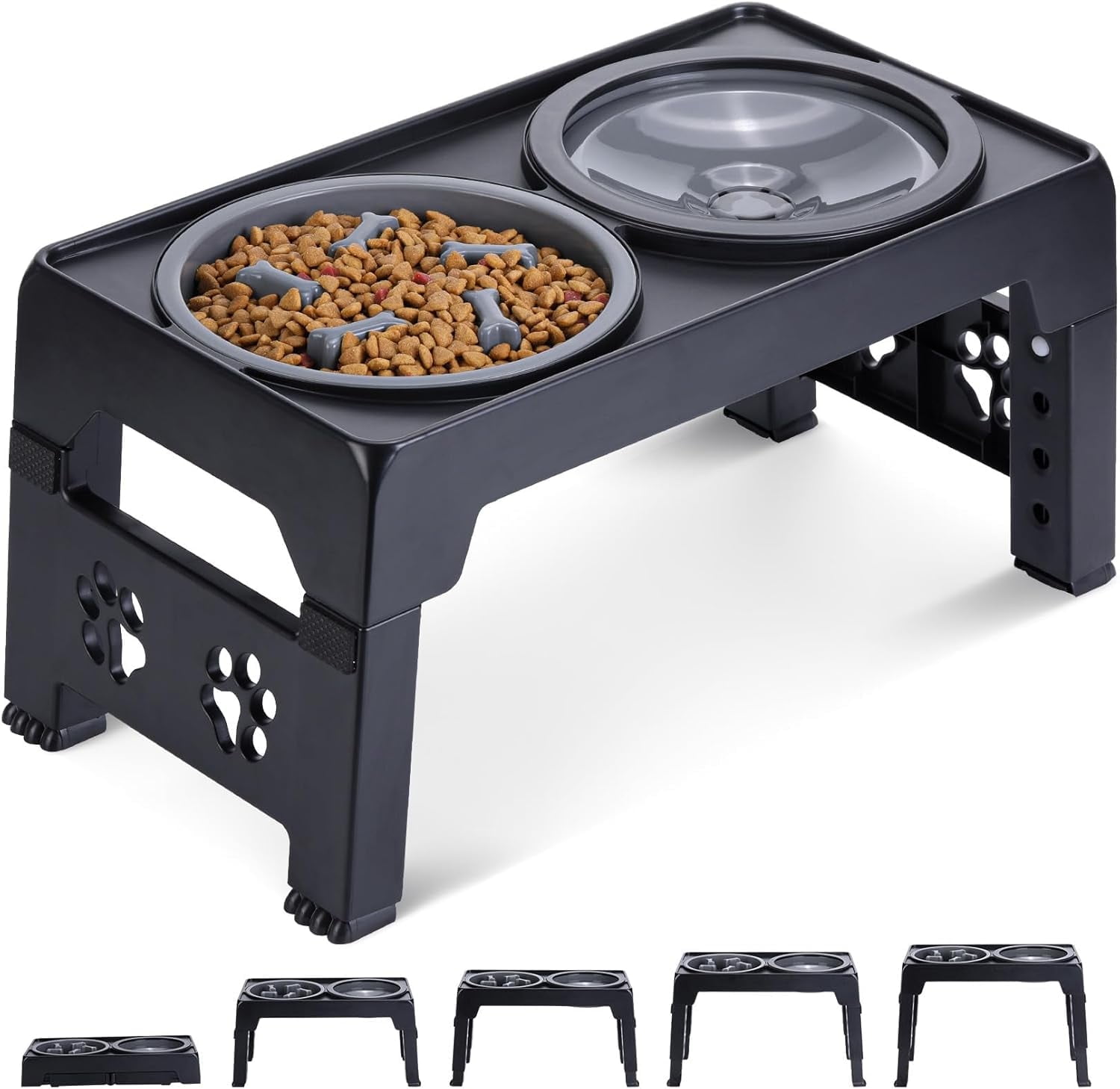 Elevated Dog Bowls, Raised Slow Feeder Dog Bowls with No Spill Dog Water Bowl Dispenser, 5 Heights Adjustable Raised Dog Bowls