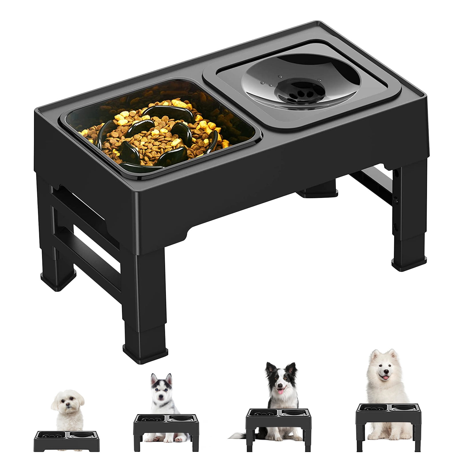 Elevated Dog Bowls, Slow Feeder Raised Dog Bowl 4 Height Adjustable No Spill Water Bowls & Non-slip Food Bowls Stand for Small Medium Large Sized Cats Dogs and Pets