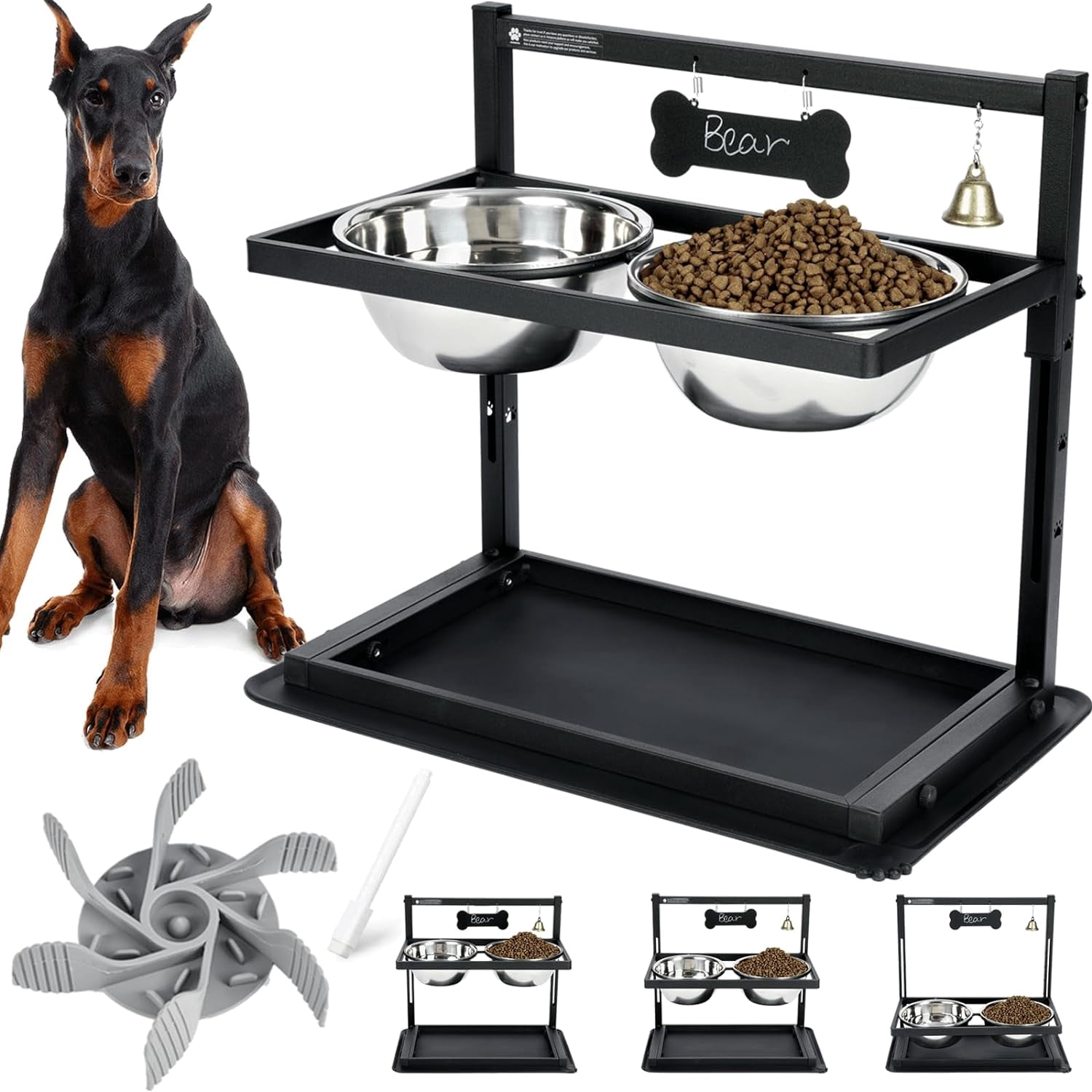 Elevated Dog Bowls - Slow Feeder, Raised Stand with Two 1700ML Stainless Steel Bowls, Spill Proof Mat for Large & Medium Dogs