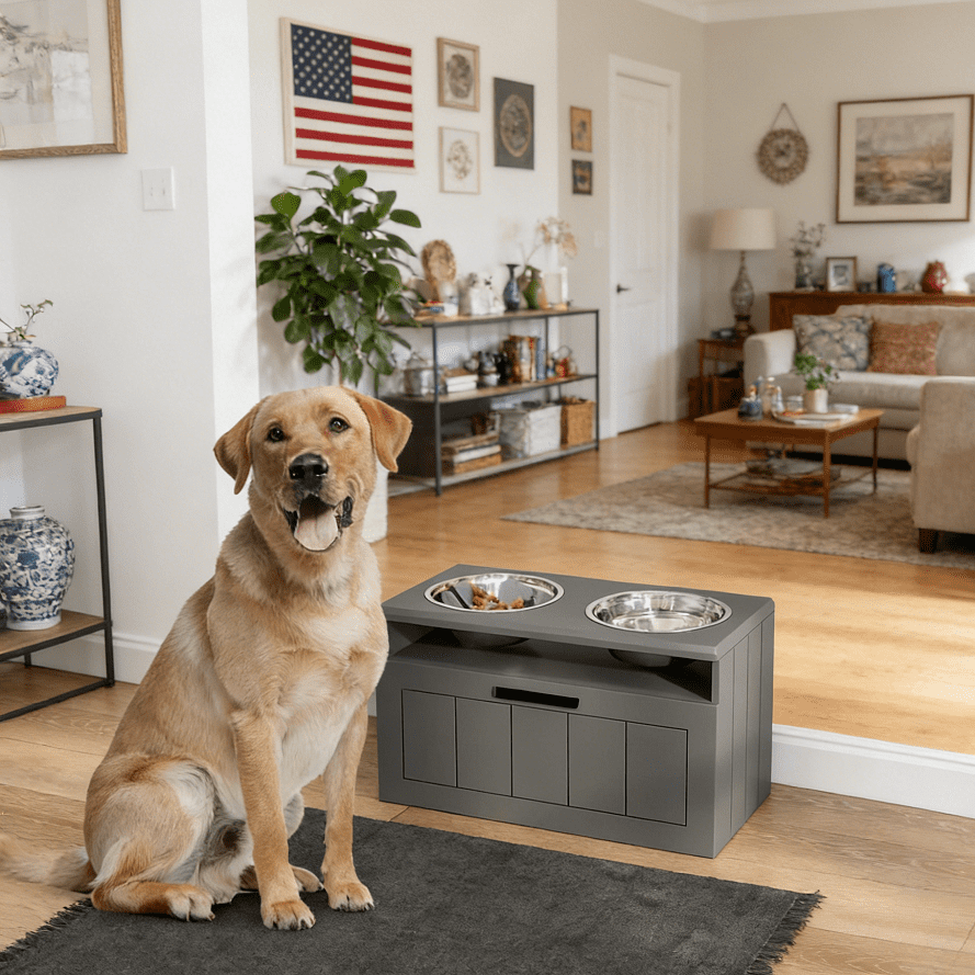 Elevated Dog Bowls with Slow Feeder and Storage Drawer Adjustable Height Dog Feeder Stand with Removable Stainless Steel Bowls Non-Slip Pet Food Station for Large Medium Dogs with 0.5 Gallon Capacity