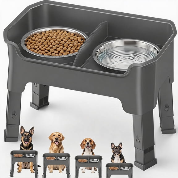 Elevated Dog Bowls with Splash Guard, Height Adjustable Stand, 2 Stainless Steel Bowls, Non-Slip Food and Water Set for Small to Large Dogs, Grey Medium