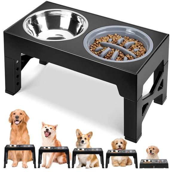 Elevated Dog Bowls, DomiPet Stainless Steel Bowl for Small Medium Large Dogs and Pets 5 Adjustable Height with Non-Slip Feet